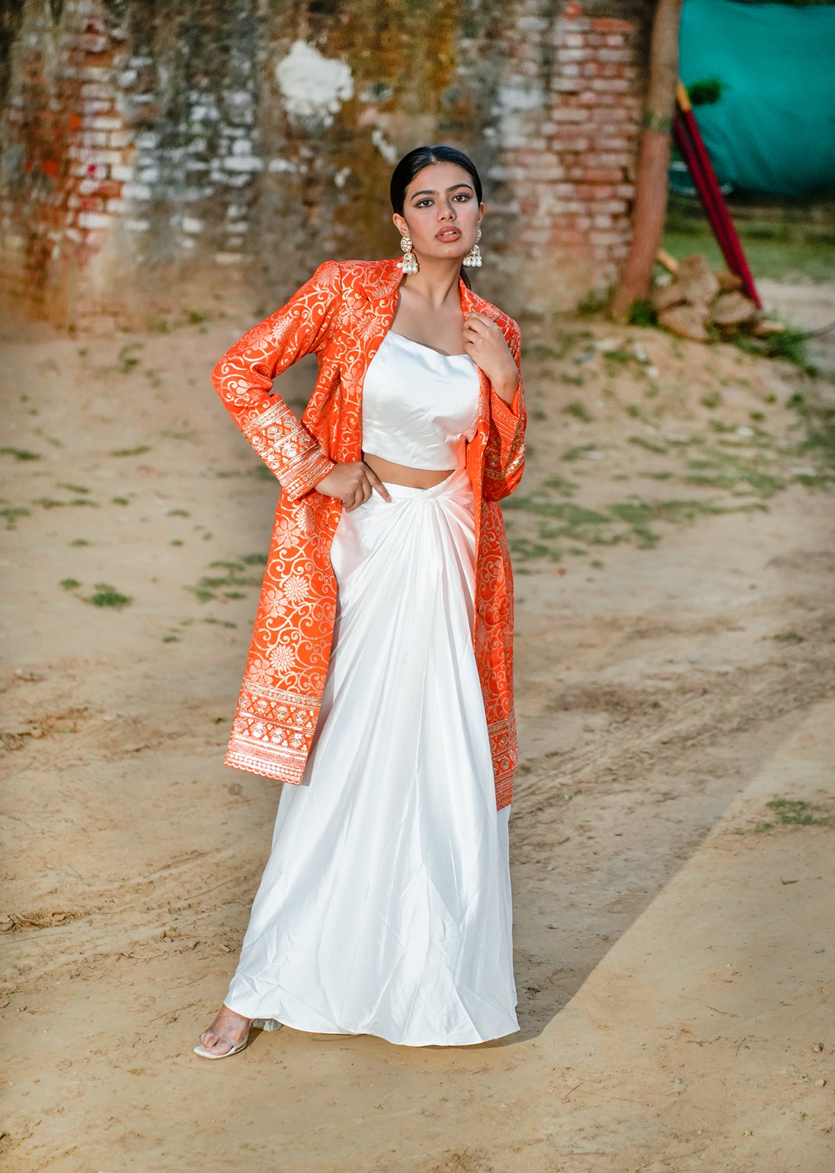Orange & White Brocade Ensemble – Draped Skirt & Coat