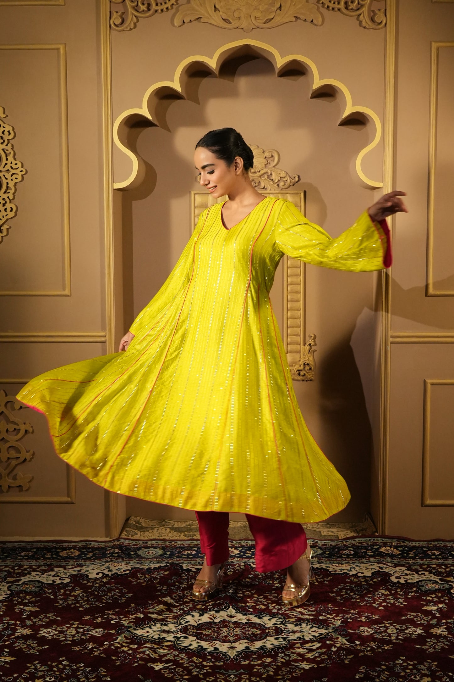Lime Green & Pink Anarkali Kurta With Pants & Dupatta