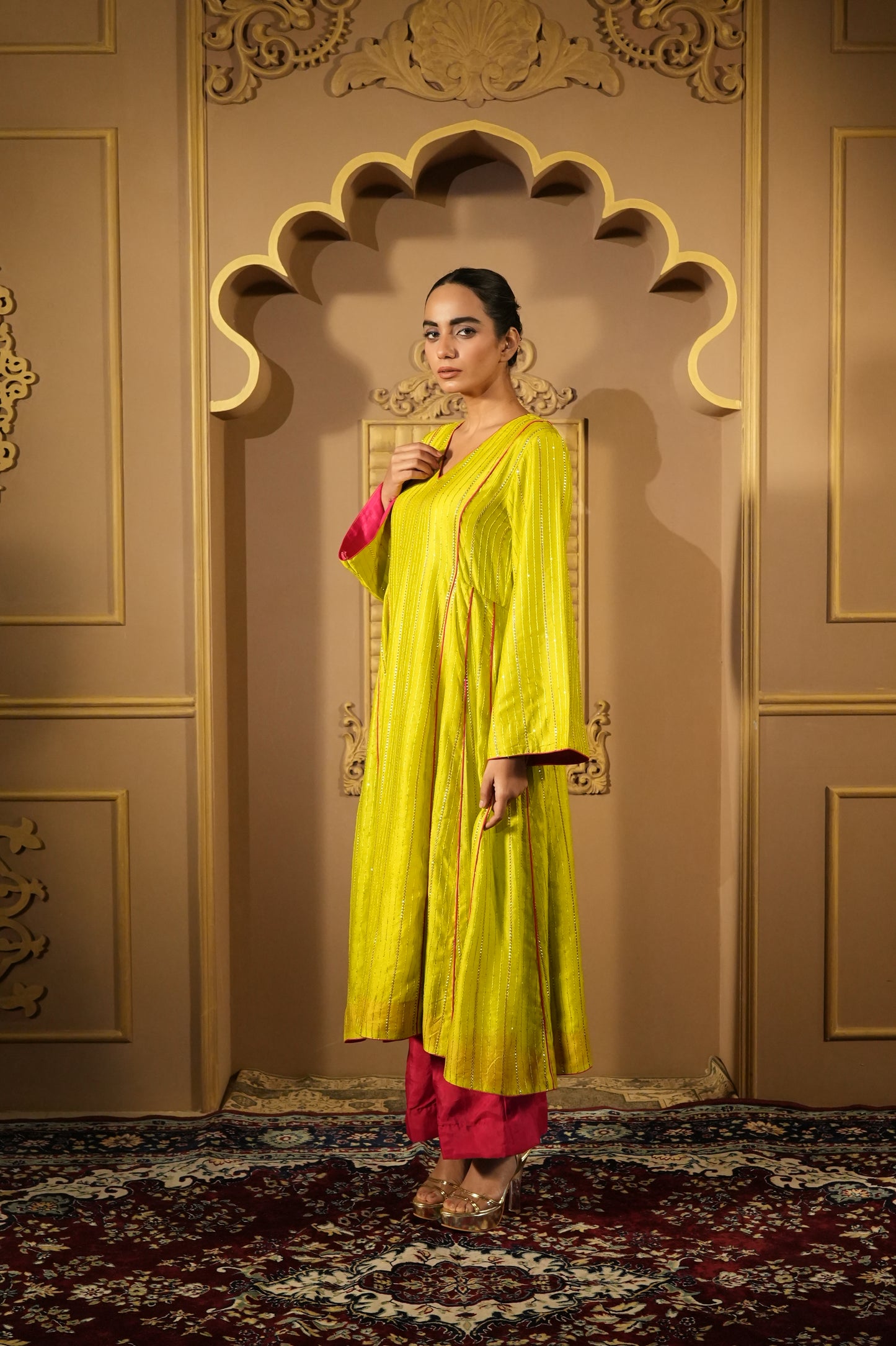 Lime Green & Pink Anarkali Kurta With Pants & Dupatta