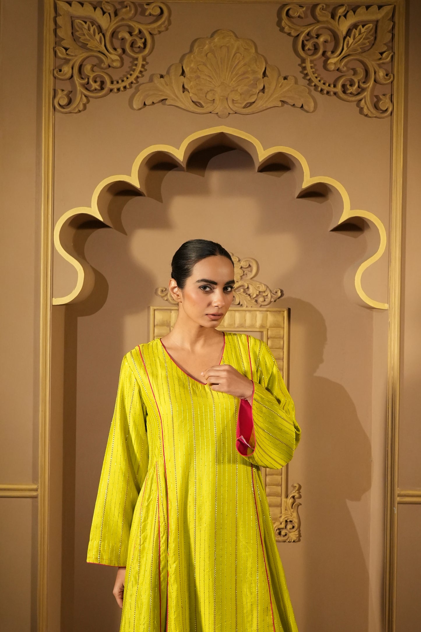 Lime Green & Pink Anarkali Kurta With Pants & Dupatta