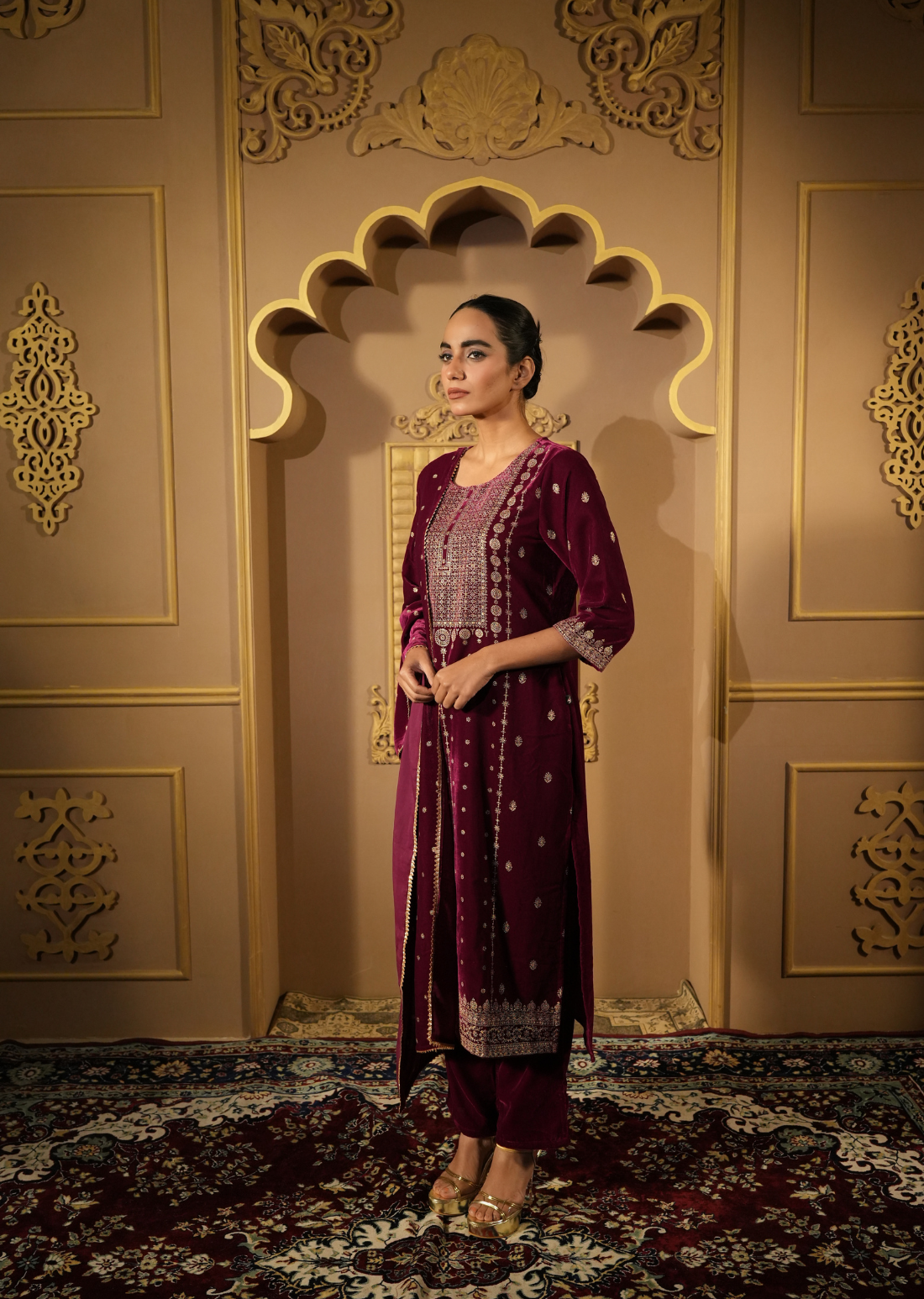 Maroon & Gold-Toned Velvet Kurta Set With Dupatta