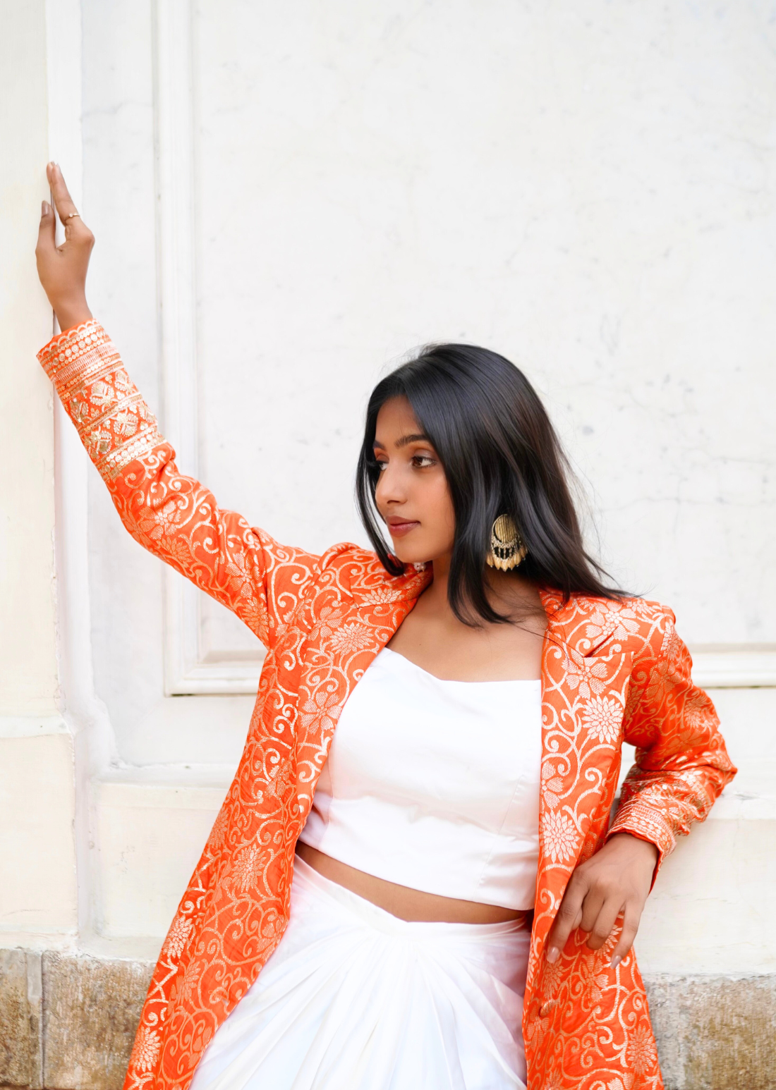 Orange & White Brocade Ensemble – Draped Skirt & Coat