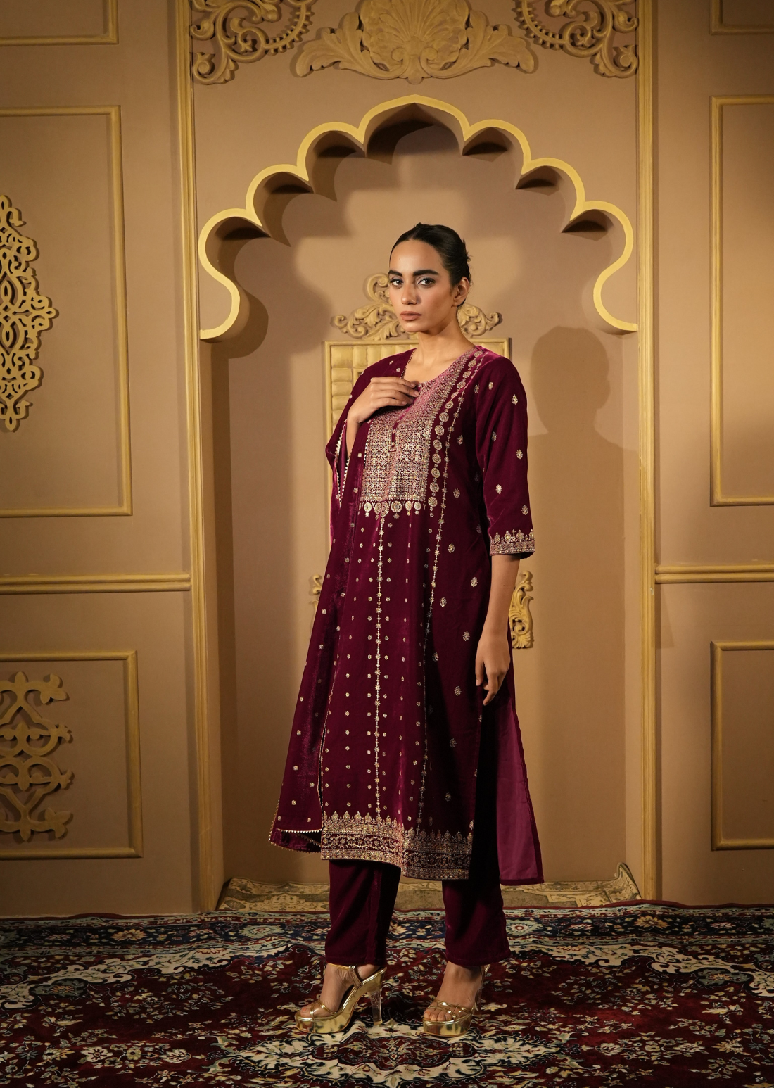 Maroon & Gold-Toned Velvet Kurta Set With Dupatta