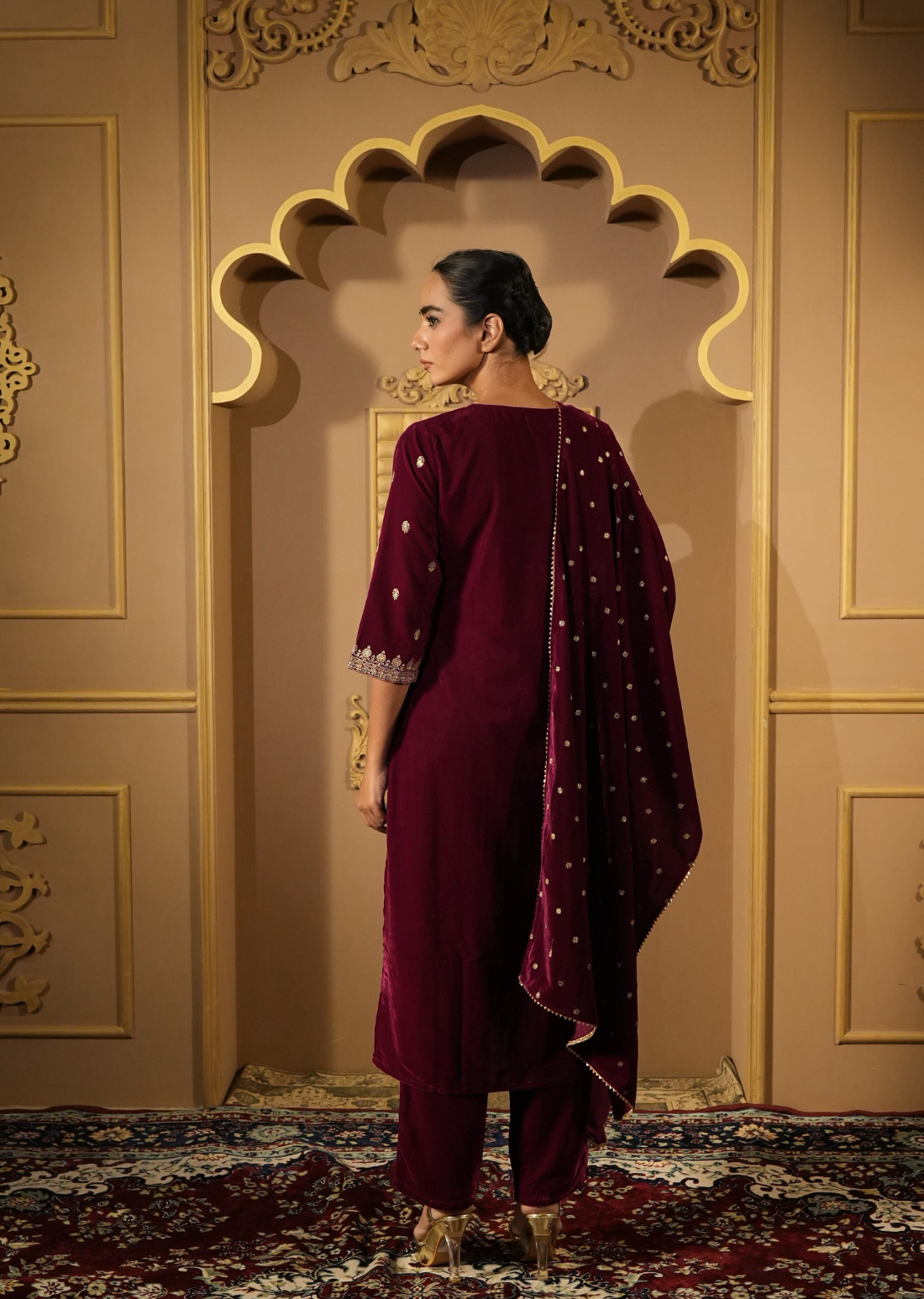 Maroon & Gold-Toned Velvet Kurta Set With Dupatta