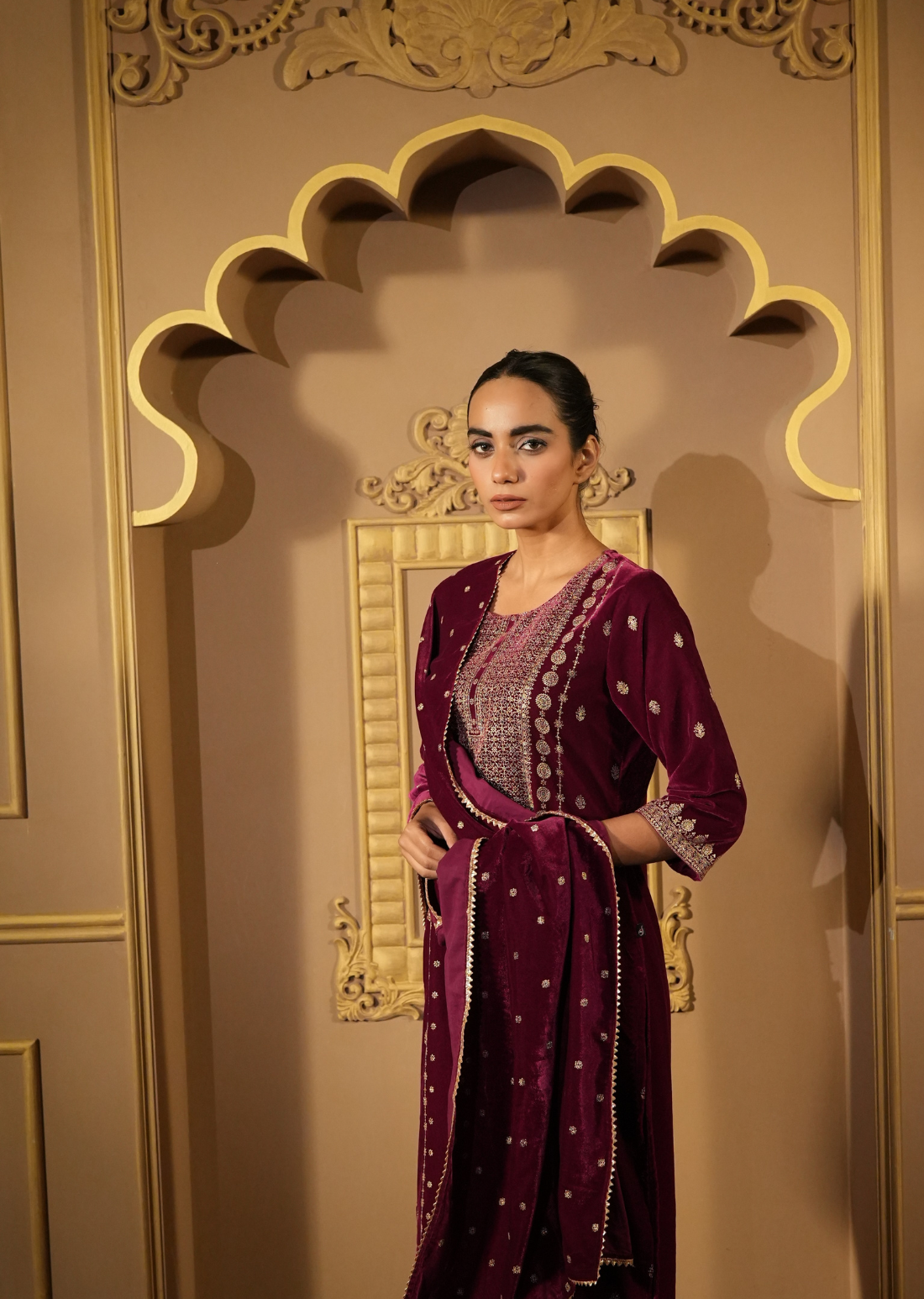 Maroon & Gold-Toned Velvet Kurta Set With Dupatta