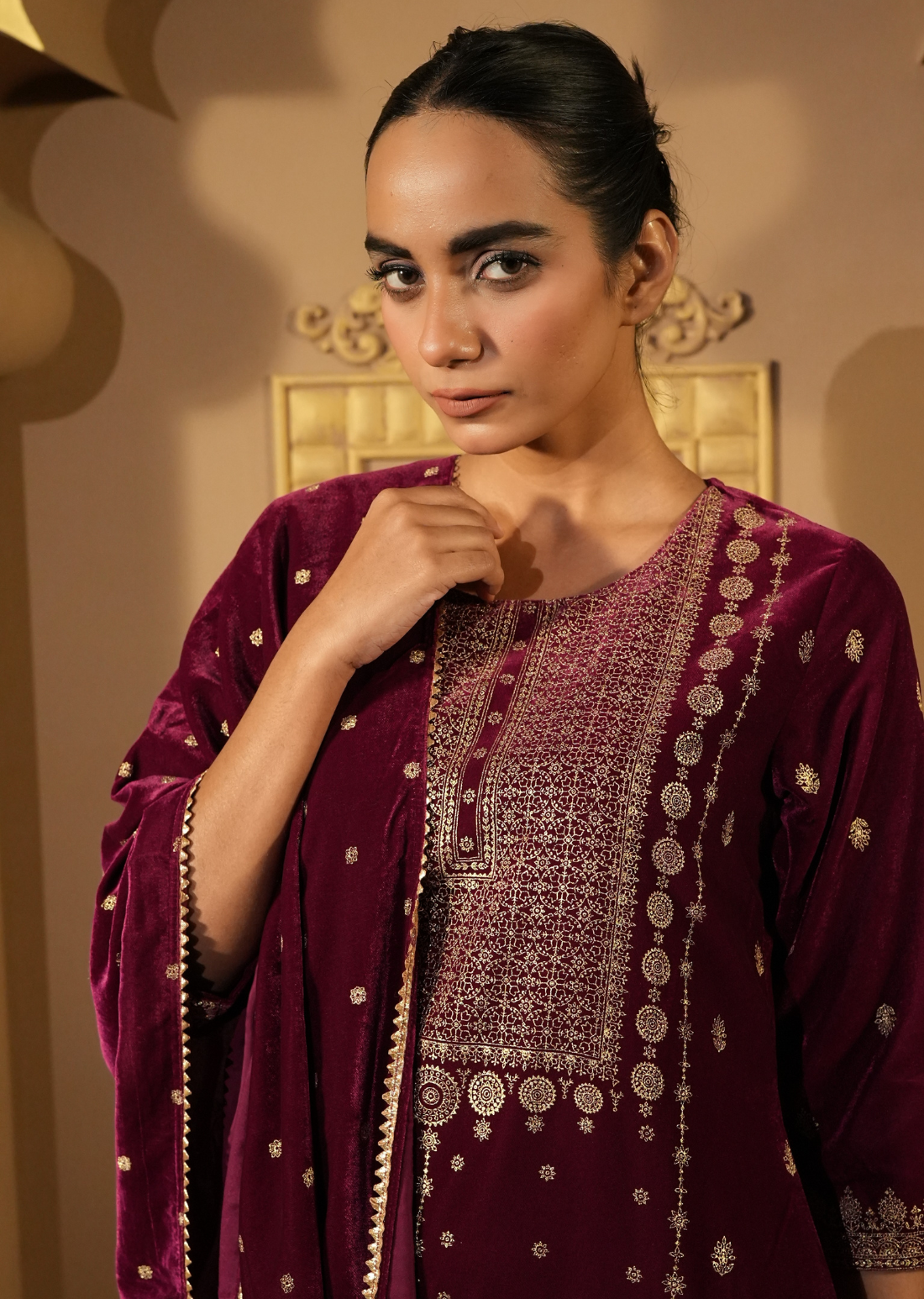 Maroon & Gold-Toned Velvet Kurta Set With Dupatta