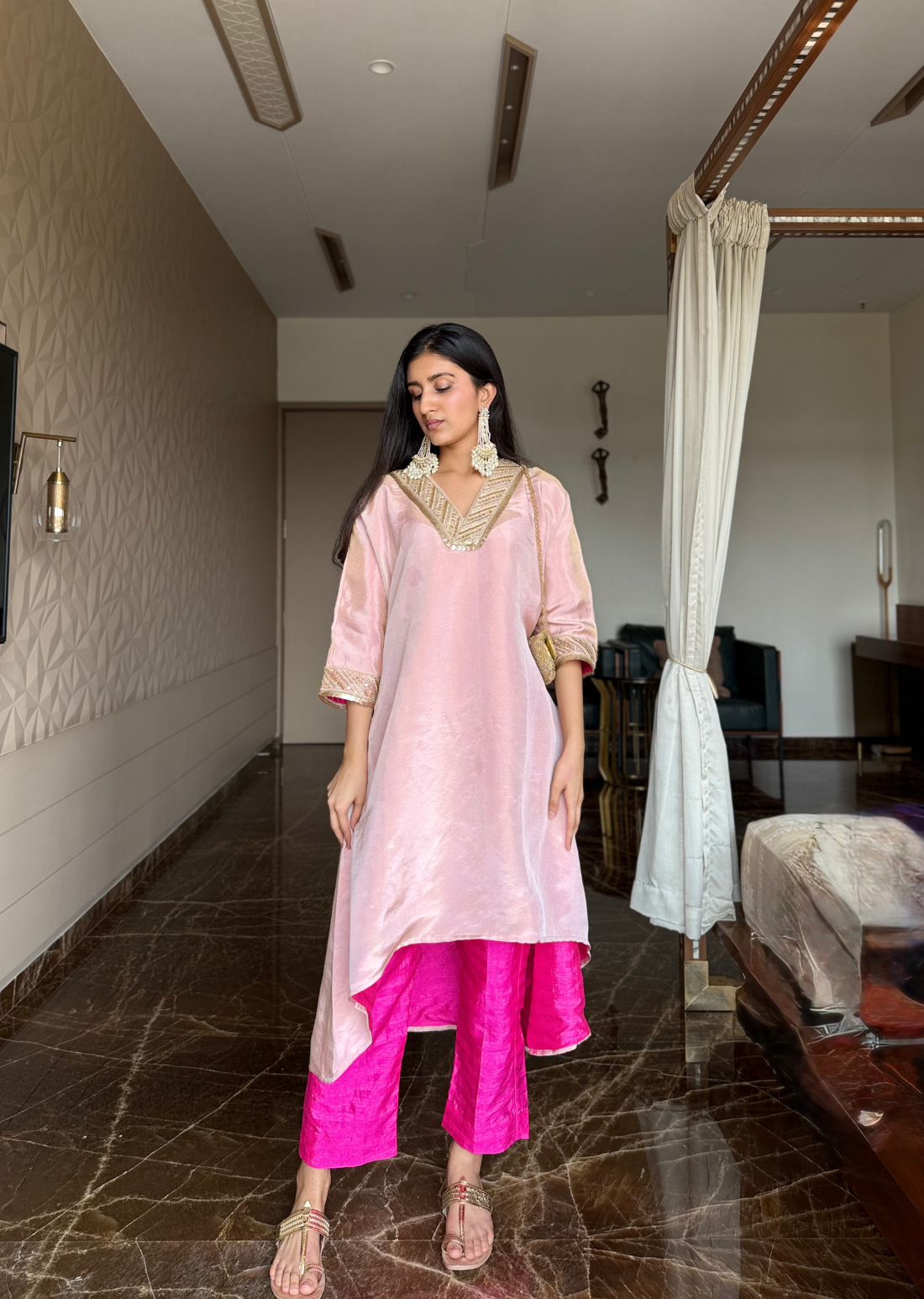 Chic Pink Kaftan Set with Pants