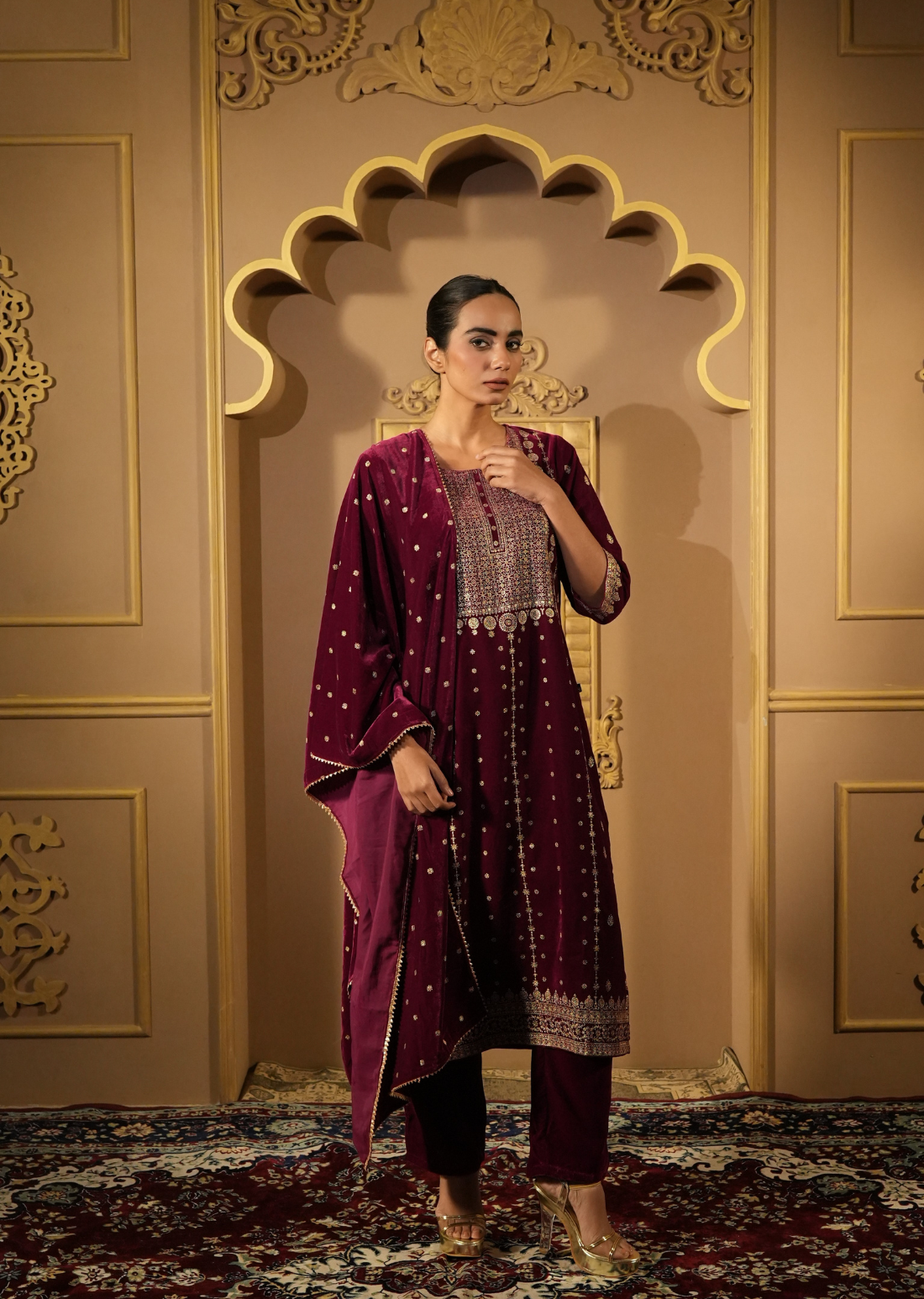 Maroon & Gold-Toned Velvet Kurta Set With Dupatta