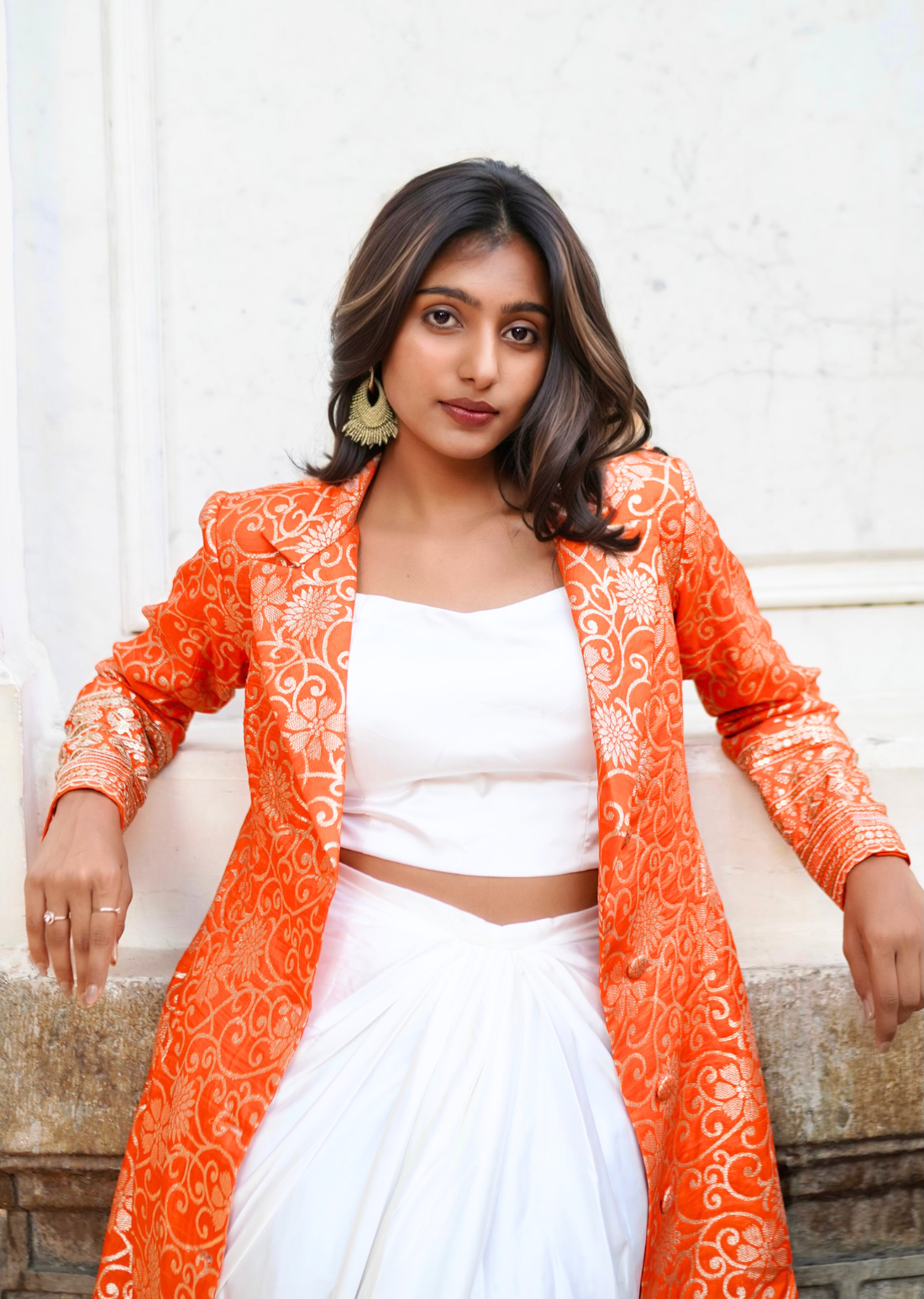Orange & White Brocade Ensemble – Draped Skirt & Coat