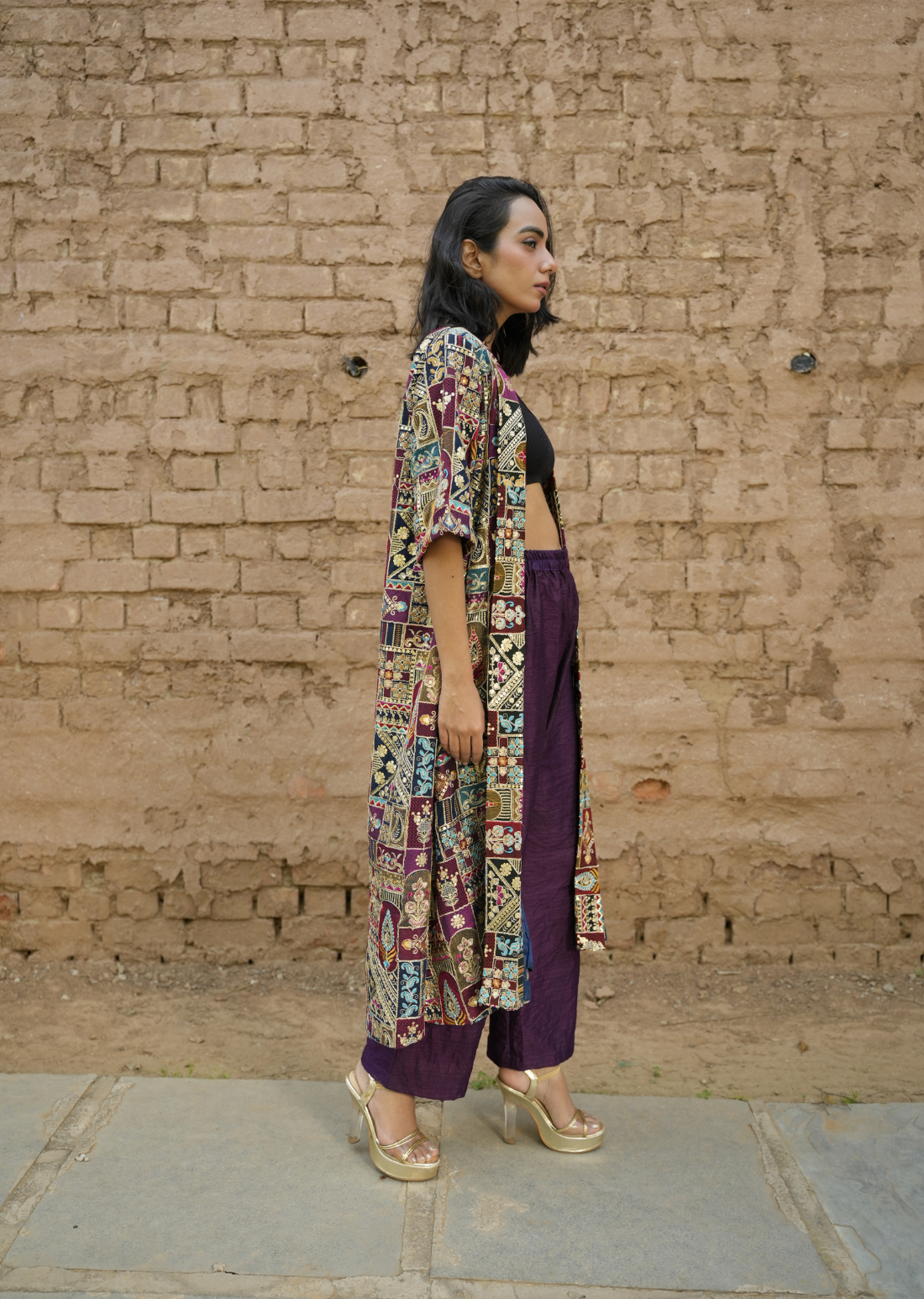 Navy Blue Zari Embroidered Open Long Jacket With Pants