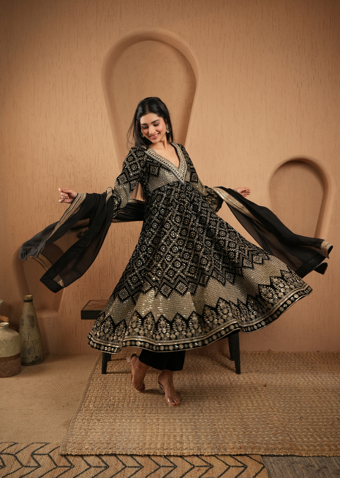 Black Velvet Embroidered Anarkali With Pants And Dupatta