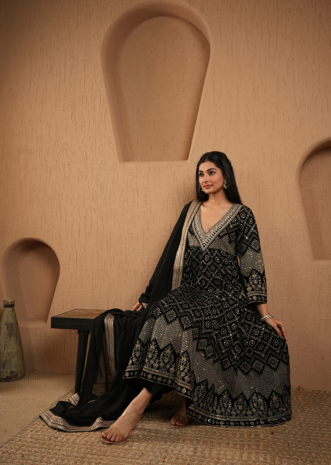 Black Velvet Embroidered Anarkali With Pants And Dupatta