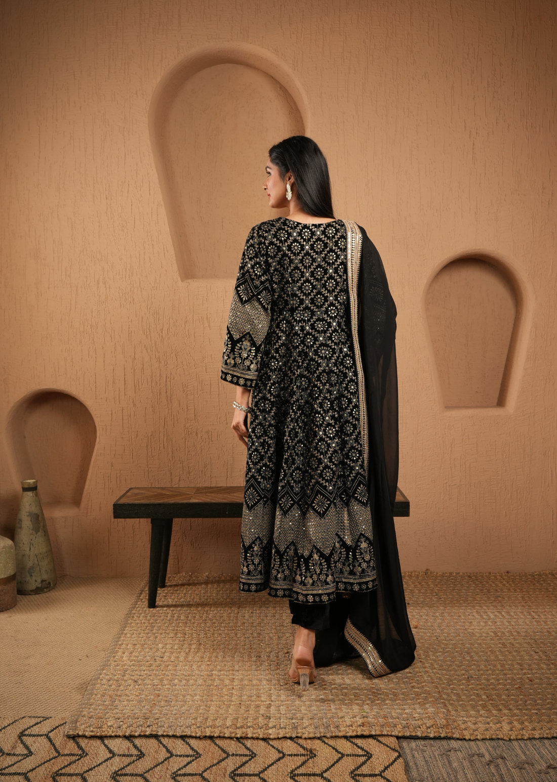 Black Velvet Embroidered Anarkali With Pants And Dupatta
