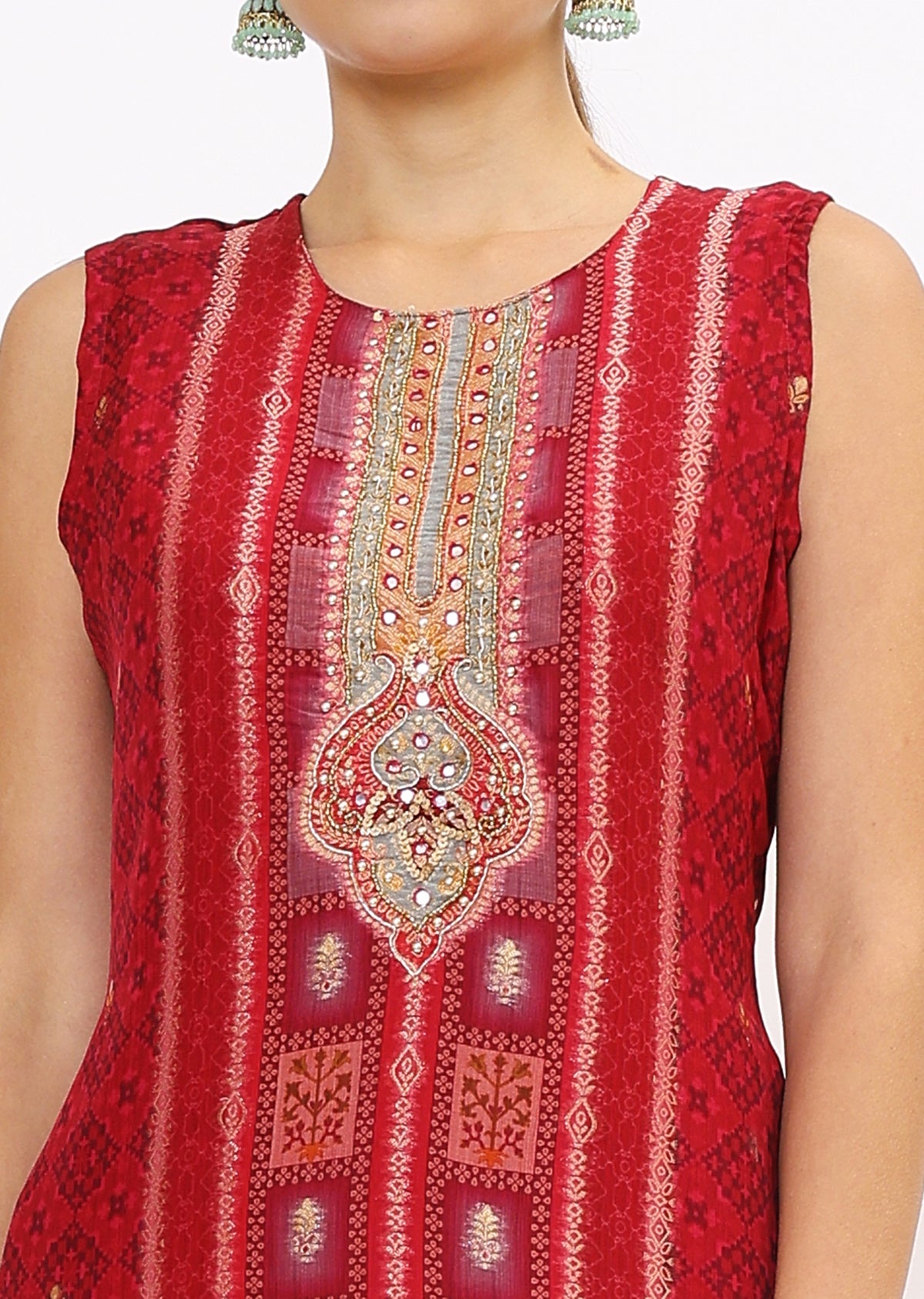 Red Printed Silk Kurta Set With Dupatta