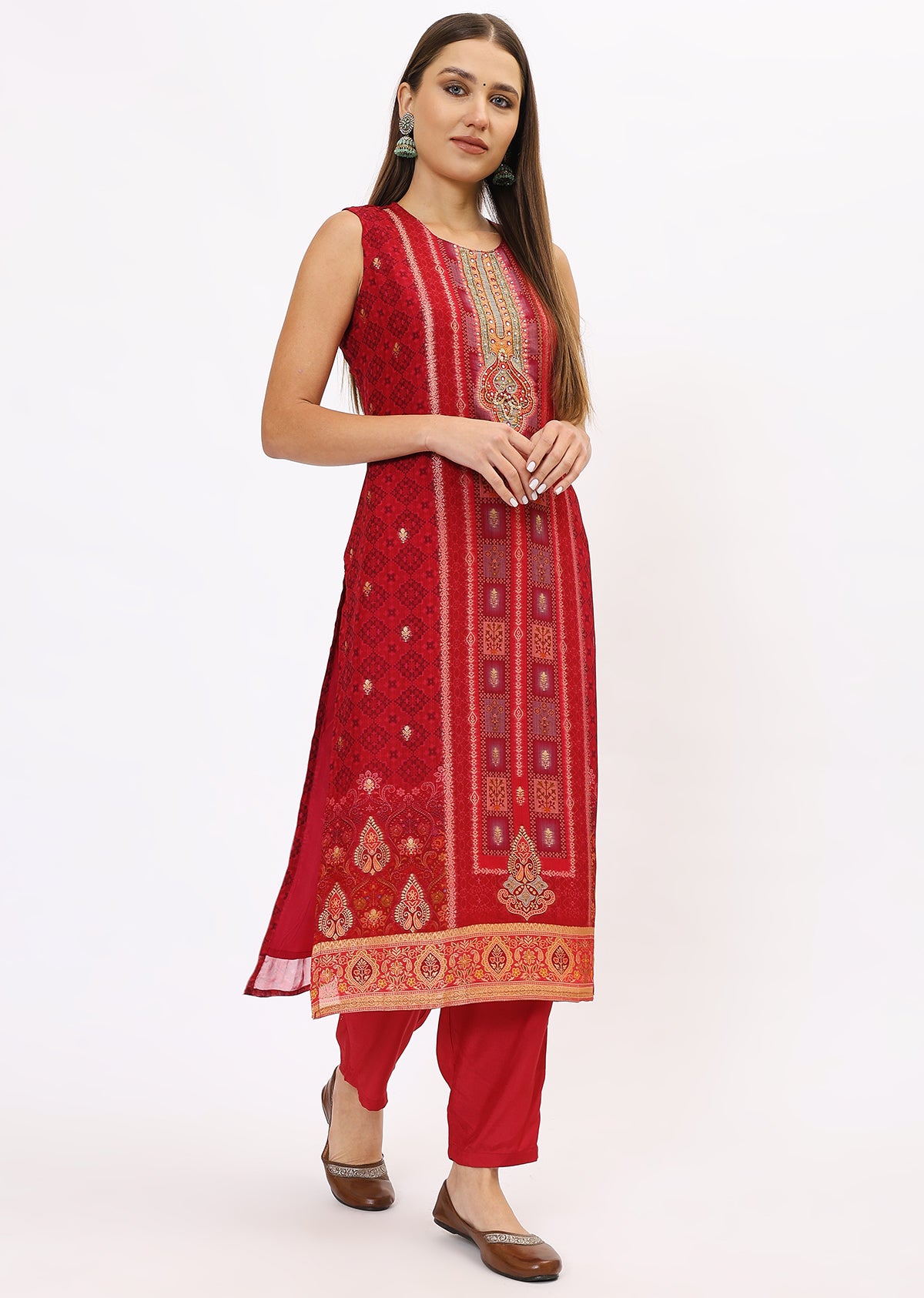 Red Printed Silk Kurta Set With Dupatta
