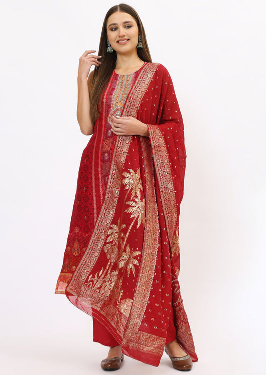 Red Printed Silk Kurta Set With Dupatta