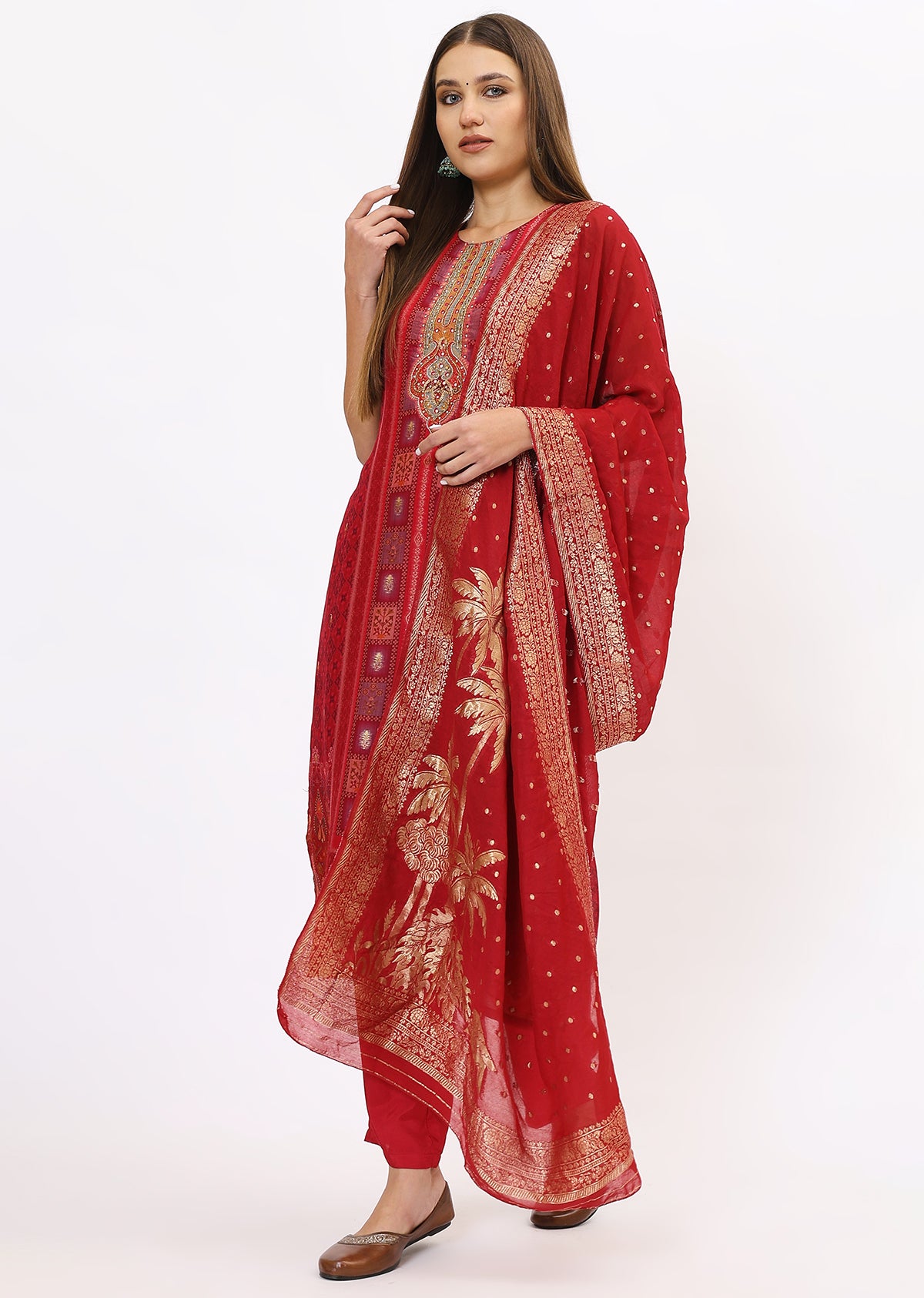 Red Printed Silk Kurta Set With Dupatta