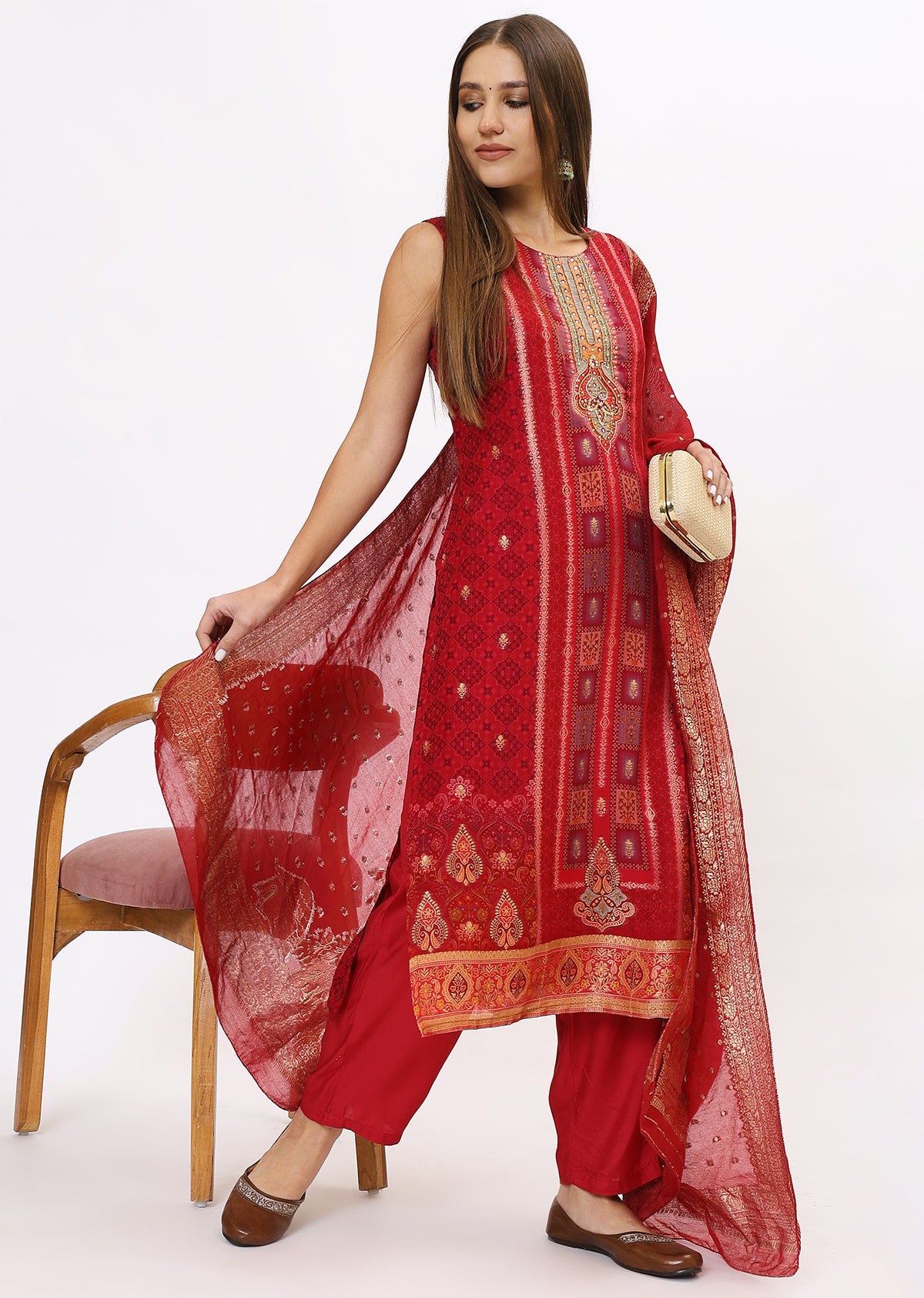 Red Printed Silk Kurta Set With Dupatta