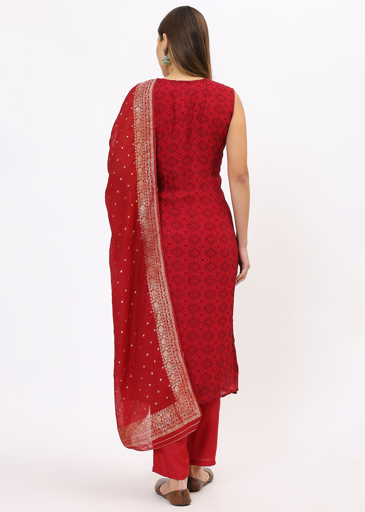 Red Printed Silk Kurta Set With Dupatta