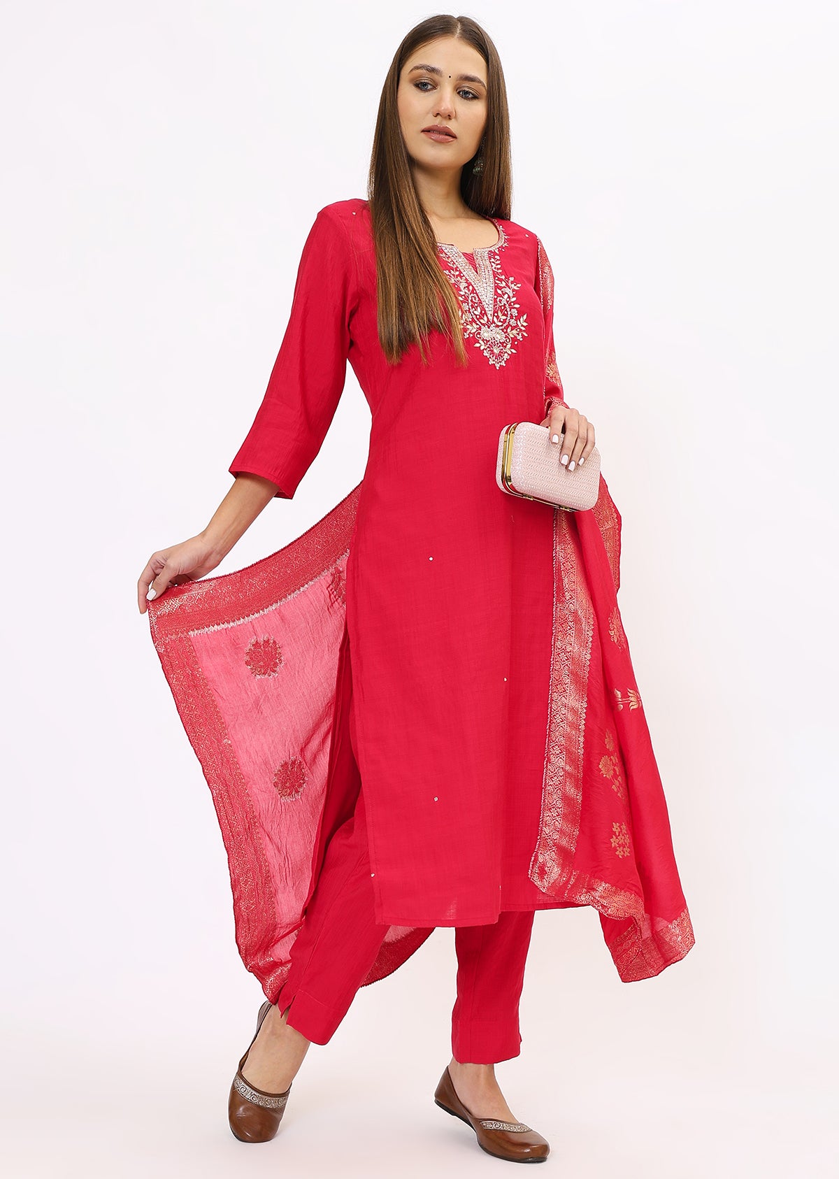 Pink Silk Kurta Set With Dupatta