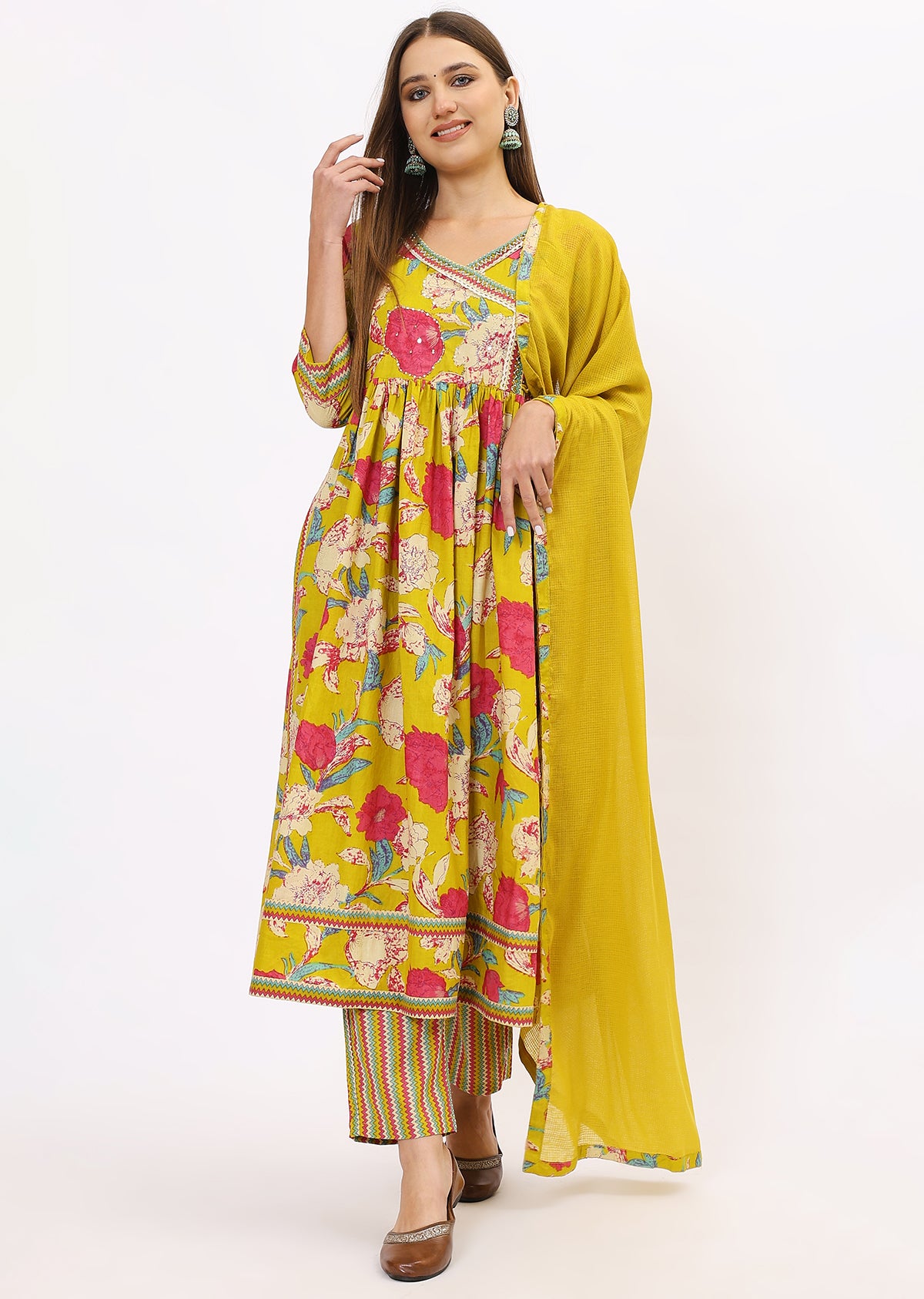 Lime Green Printed Bandhini Kurta Set With Dupatta