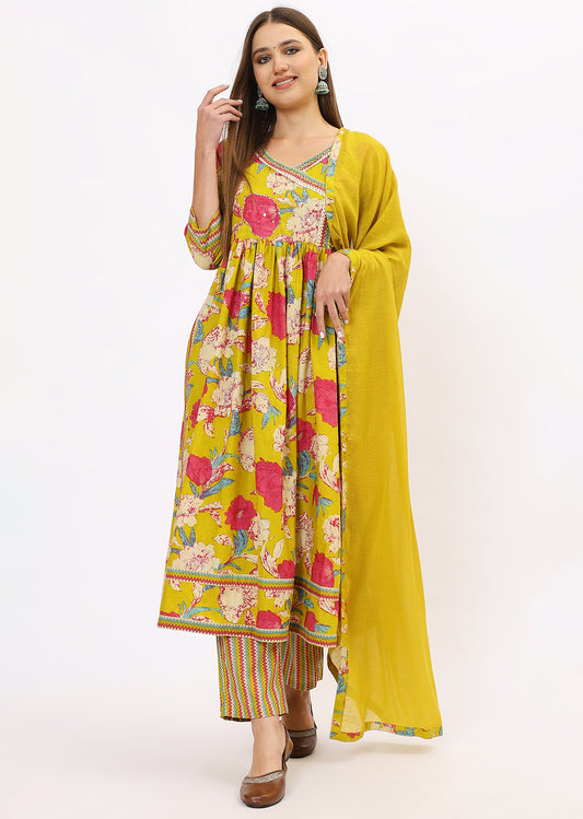 Lime Green Printed Bandhini Kurta Set With Dupatta