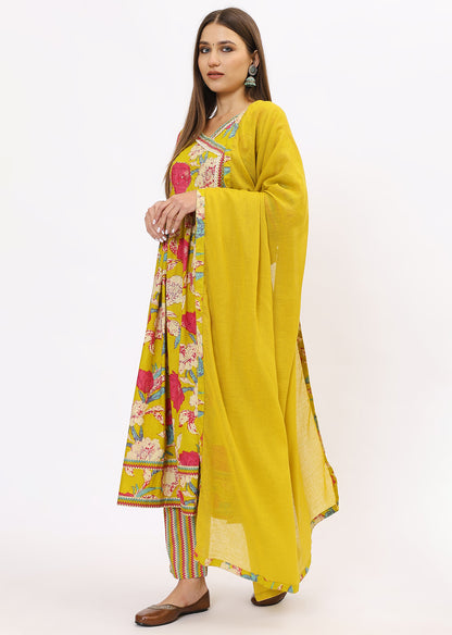 Lime Green Printed Bandhini Kurta Set With Dupatta