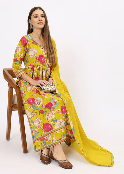 Lime Green Printed Bandhini Kurta Set With Dupatta