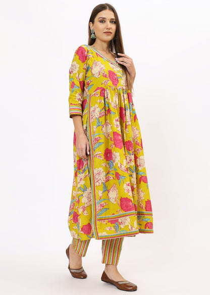 Lime Green Printed Bandhini Kurta Set With Dupatta