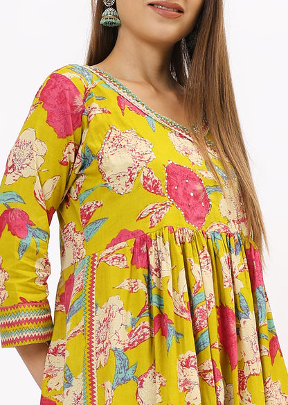 Lime Green Printed Bandhini Kurta Set With Dupatta