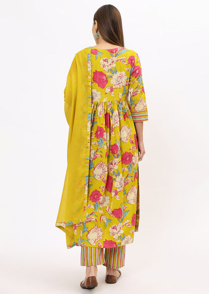 Lime Green Printed Bandhini Kurta Set With Dupatta