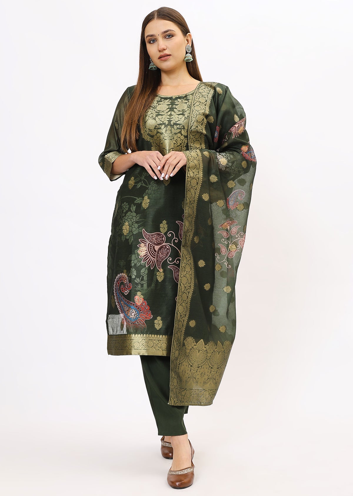 Green Printed Kurta Set With Dupatta