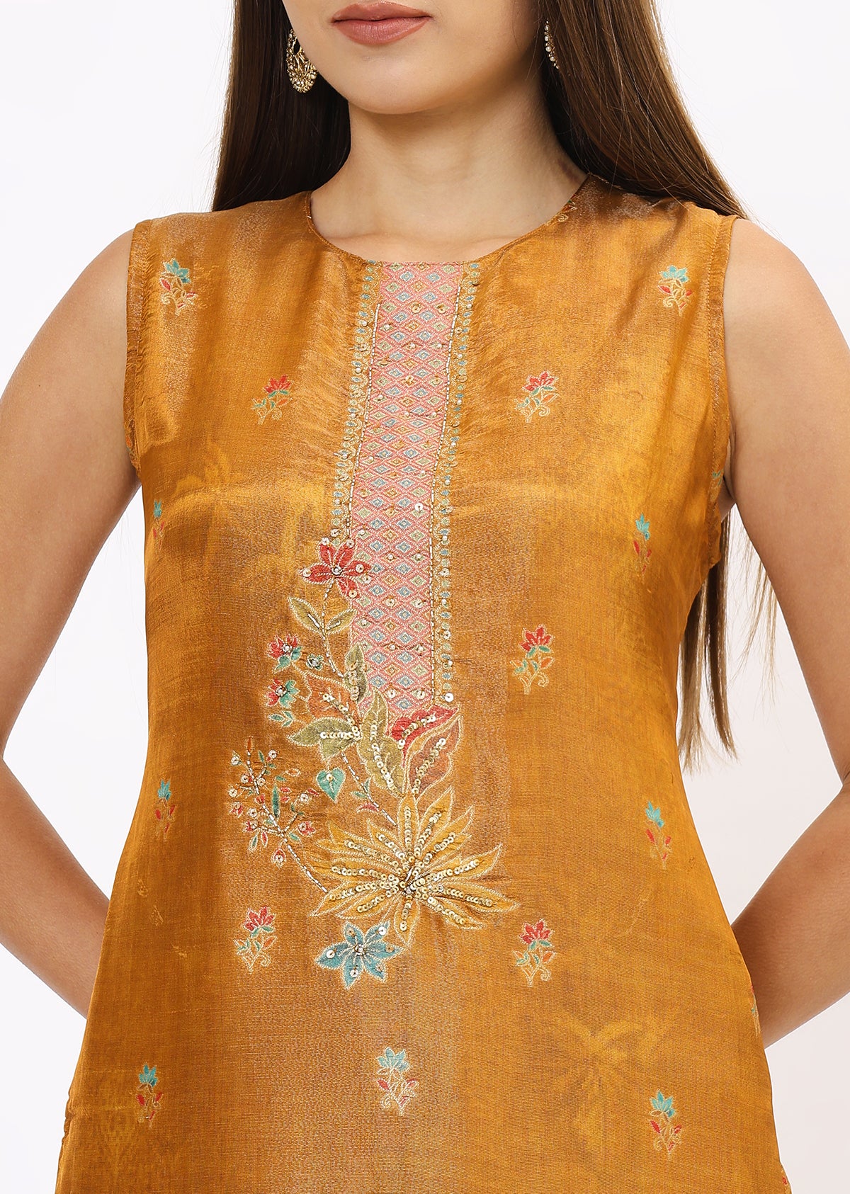 Mustard Printed Silk Kurta Set With Dupatta