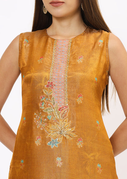 Mustard Printed Silk Kurta Set With Dupatta