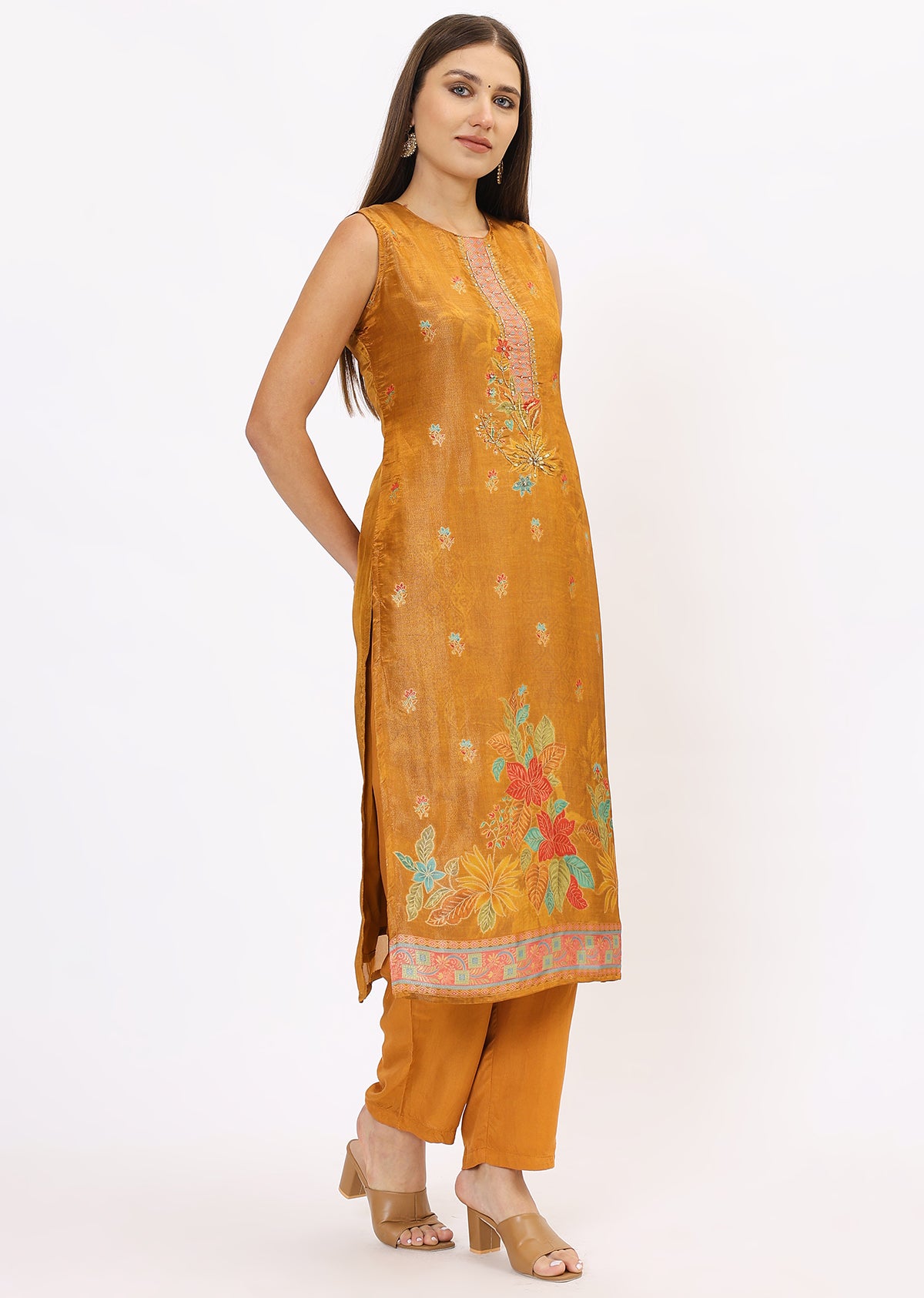 Mustard Printed Silk Kurta Set With Dupatta