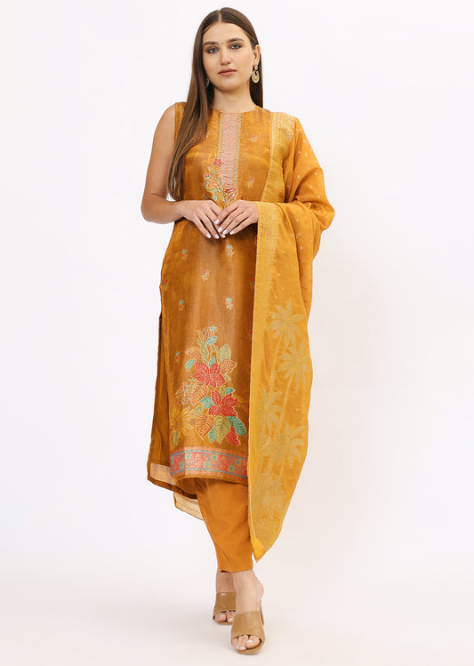 Mustard Printed Silk Kurta Set With Dupatta