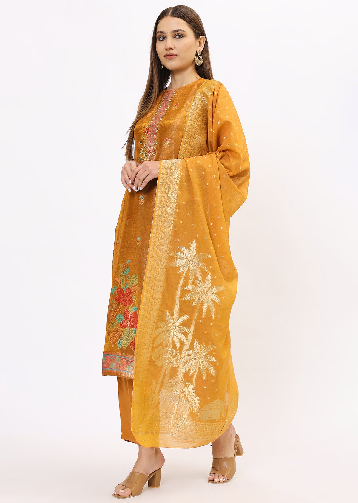 Mustard Printed Silk Kurta Set With Dupatta