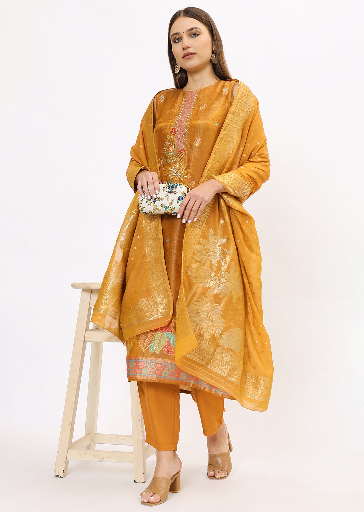 Mustard Printed Silk Kurta Set With Dupatta