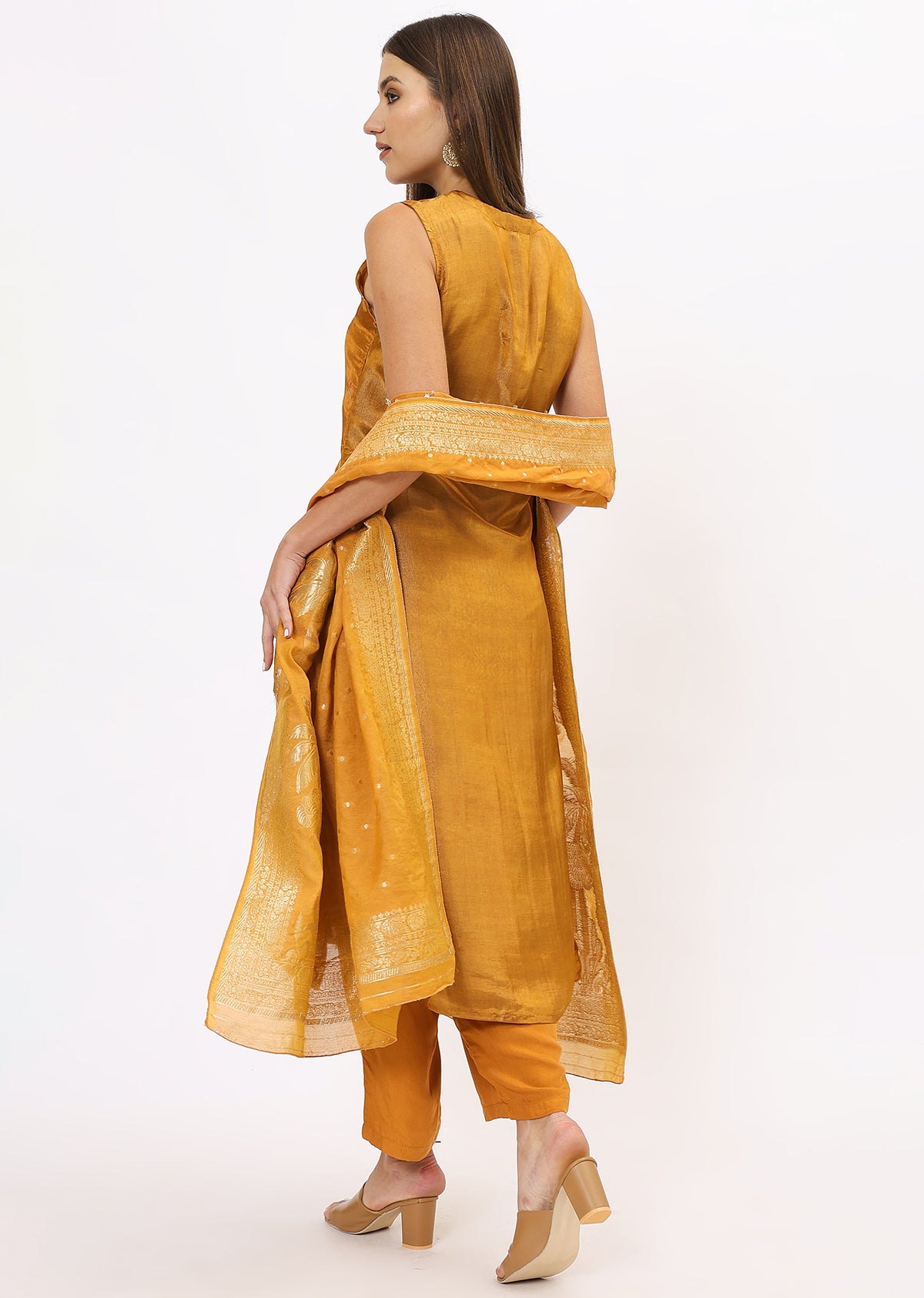 Mustard Printed Silk Kurta Set With Dupatta