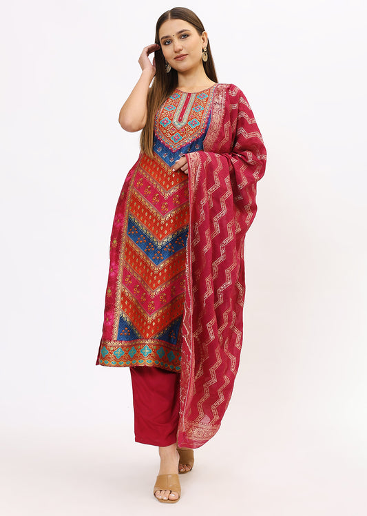 Pink Printed Silk Kurta Set With Dupatta