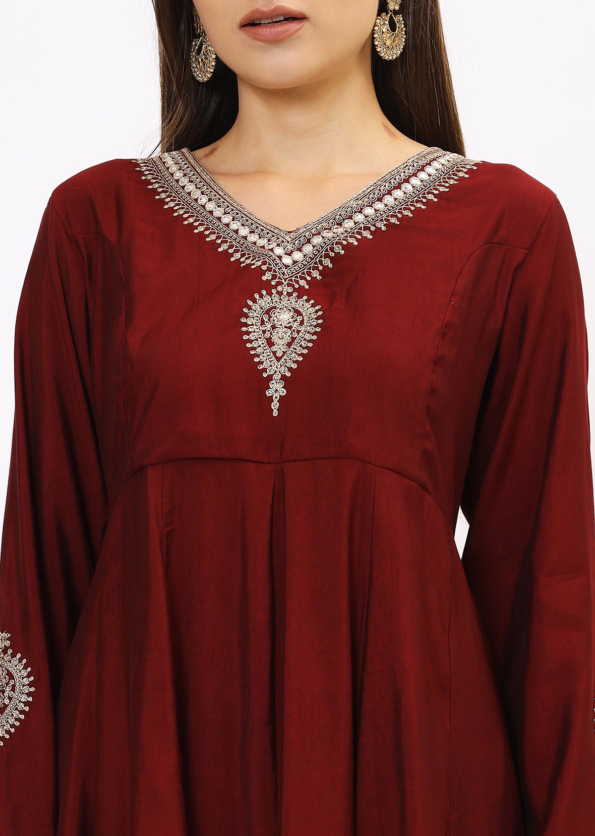 Wine & Gold-Toned Velvet Kurta Set With Dupatta