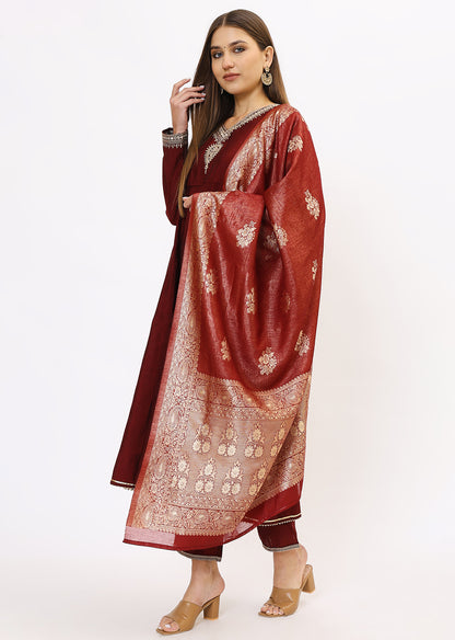 Wine & Gold-Toned Velvet Kurta Set With Dupatta