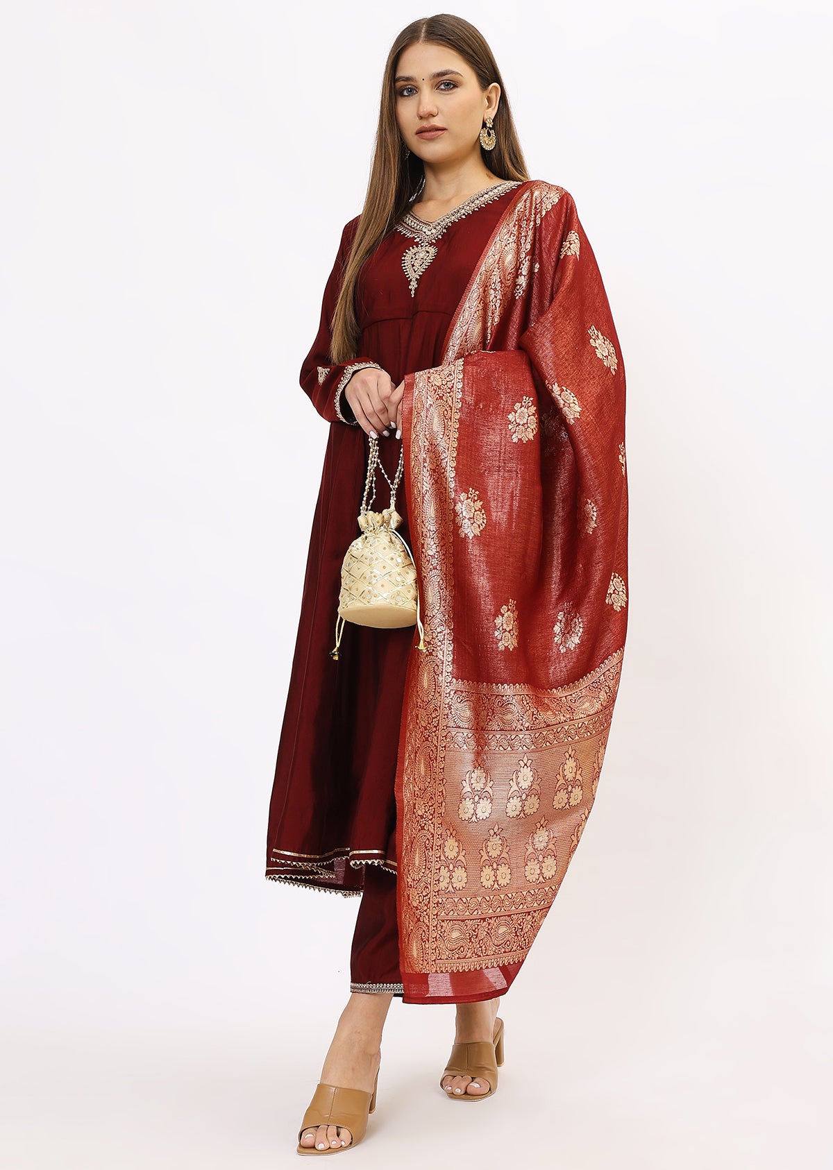 Wine & Gold-Toned Velvet Kurta Set With Dupatta