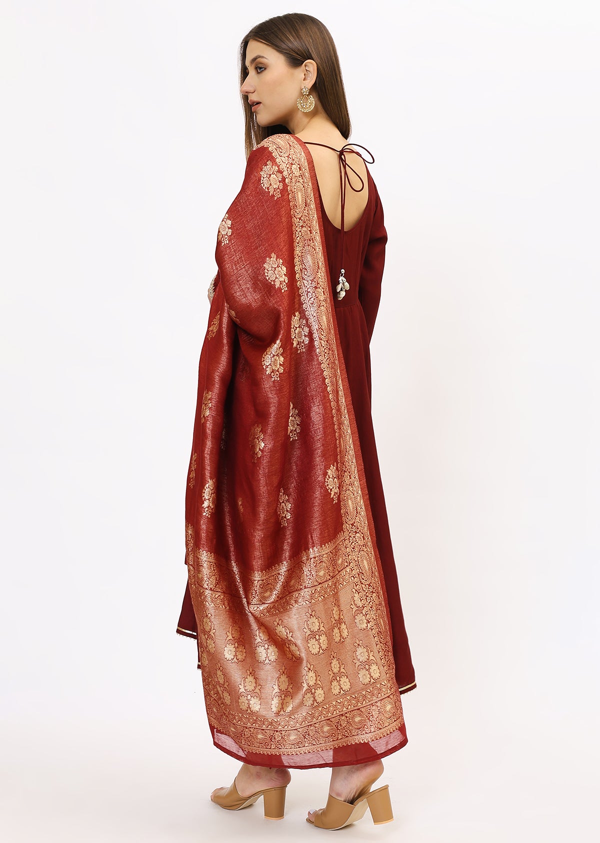 Wine & Gold-Toned Velvet Kurta Set With Dupatta