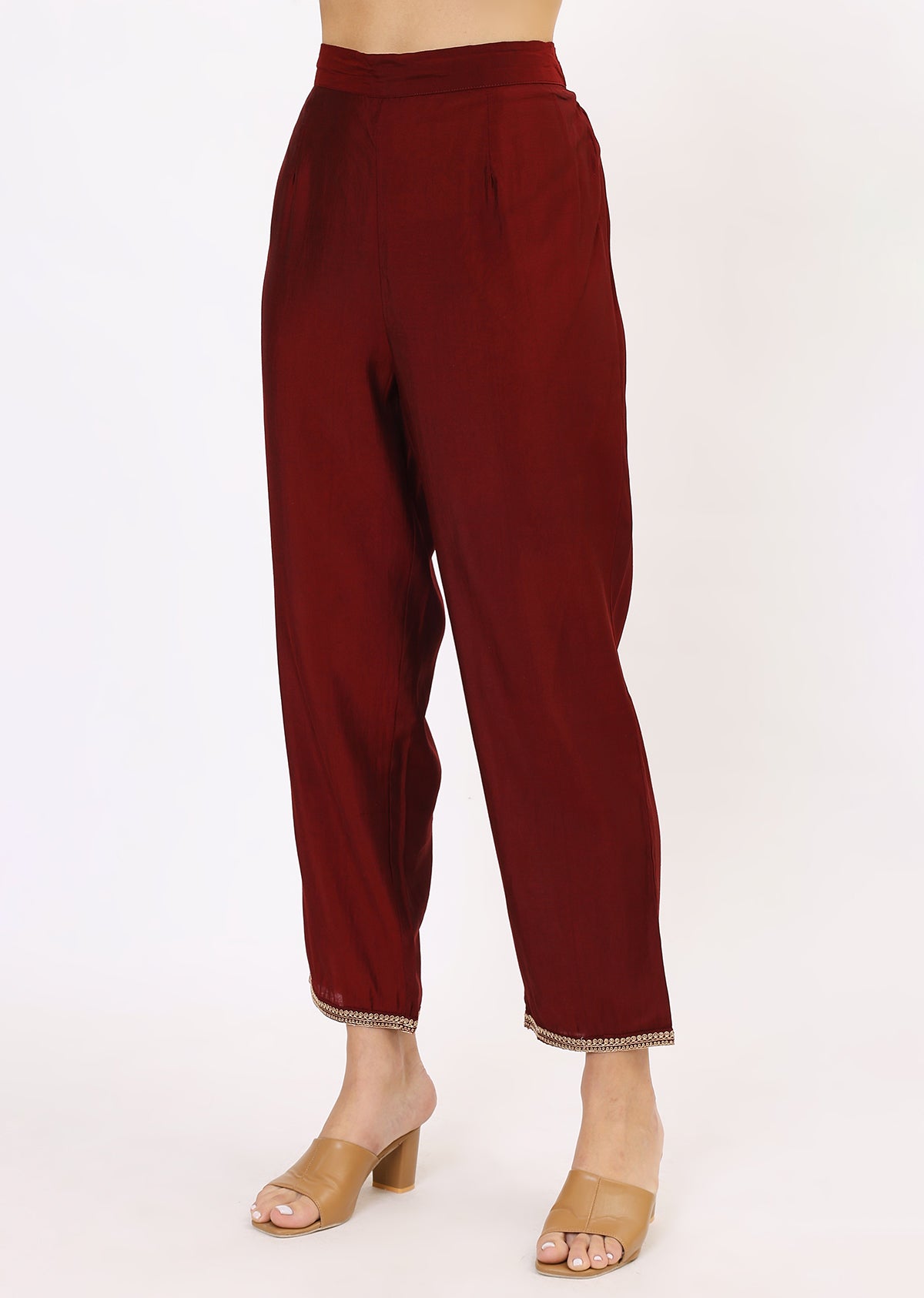 Wine & Gold-Toned Velvet Kurta Set With Dupatta