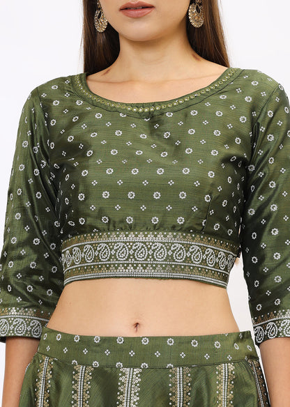 Green & Gold-Toned Lehenga & Choli With Dupatta