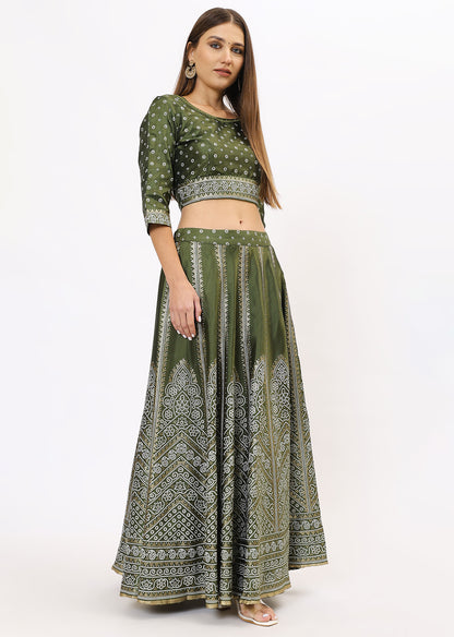 Green & Gold-Toned Lehenga & Choli With Dupatta