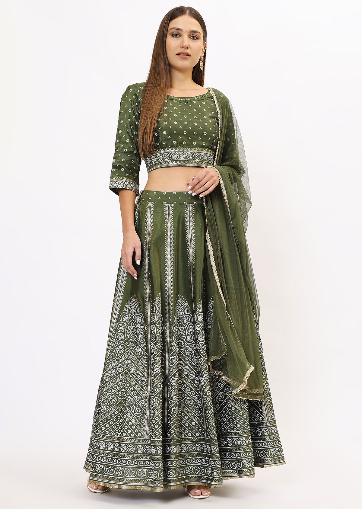 Green & Gold-Toned Lehenga & Choli With Dupatta