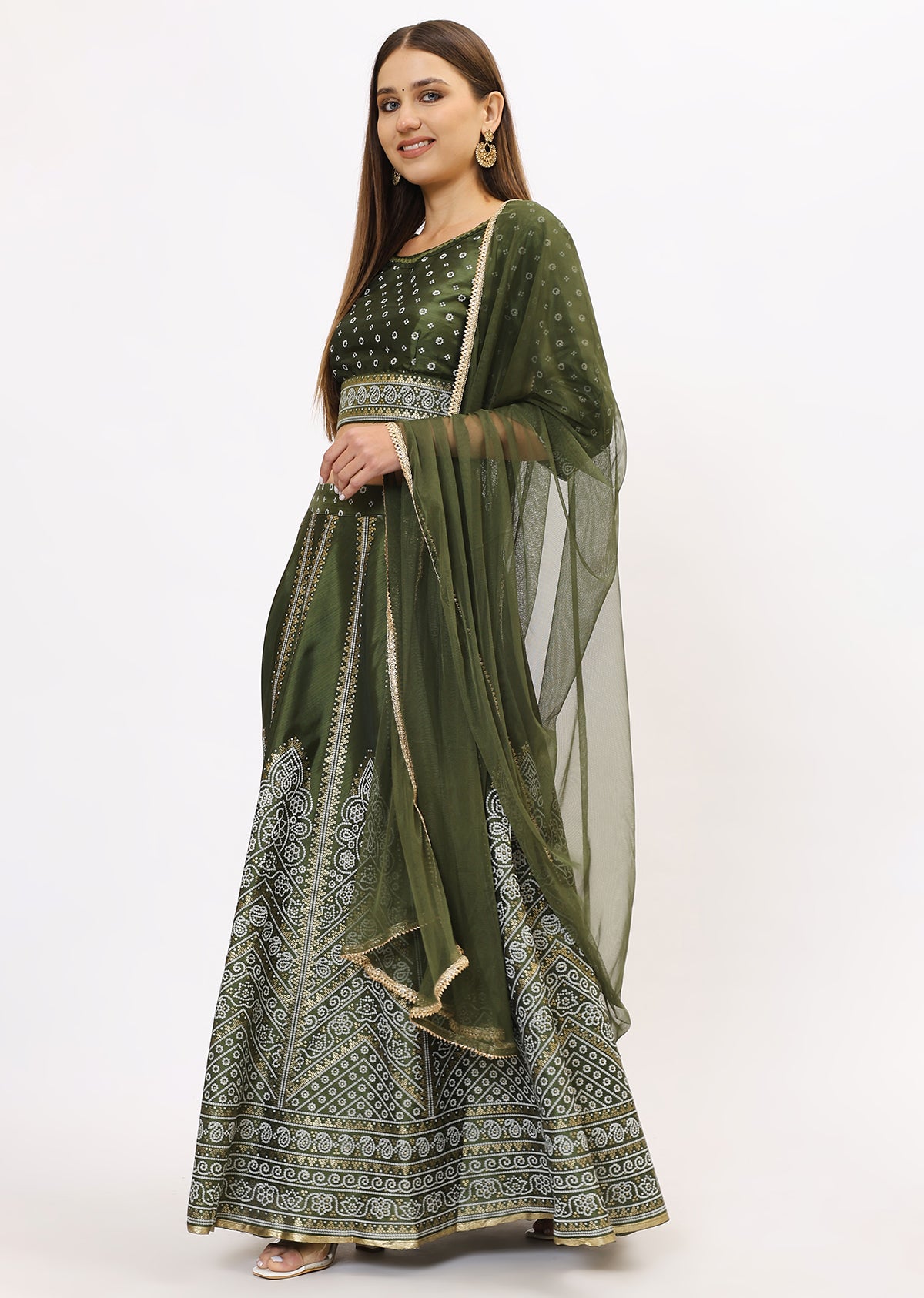 Green & Gold-Toned Lehenga & Choli With Dupatta