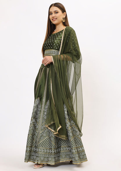Green & Gold-Toned Lehenga & Choli With Dupatta